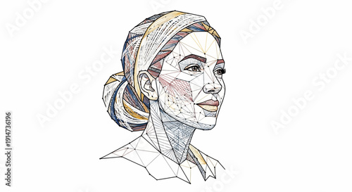 Illustration of a woman with a head wrap and face paint conveying empowerment on International Women's Day with a modern design and colorful elements on a white background.