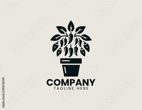Black vector logo chili pepper plant with multiple hanging peppers and broad leaves growing from a round pot