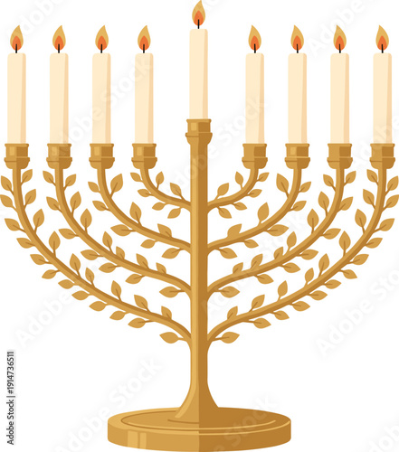 Golden Hanukkah menorah with nine burning candles and decorative olive leaf branches on white background for Jewish Festival of Lights celebration.v