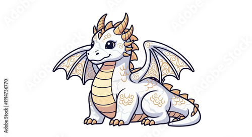 Adorable white baby dragon with golden horns and wings sitting down.