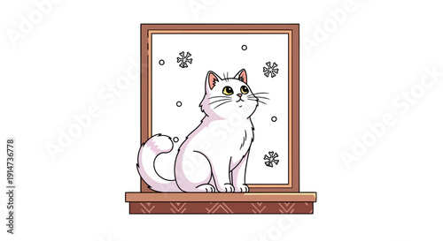 Adorable fluffy white cat with blue eyes sitting on a windowsill.