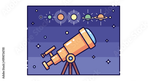 Cartoon style astronomical telescope on a tripod stand.