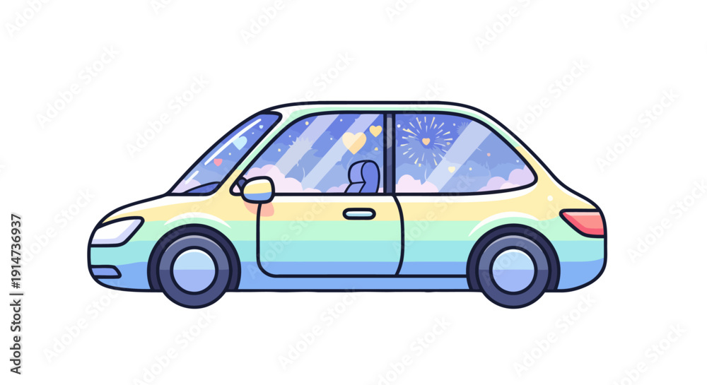 Obraz premium Colorful cartoon car with a dreamy celestial sky reflection.