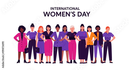 Diverse group of women standing together in a modern illustration for International Women's Day, celebrating empowerment and unity with a vibrant color palette.