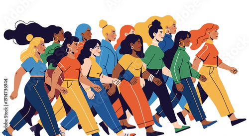 A diverse group of people walking together in a modern illustration for International Women's Day, promoting empowerment and unity with a colorful and vibrant design.