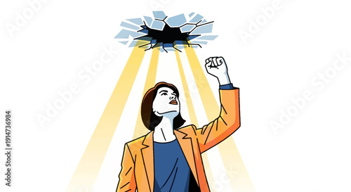 A determined woman in a bright orange blazer looks up at a burst of light and flowers, symbolizing empowerment and growth on International Women's Day, with a modern vector illustration