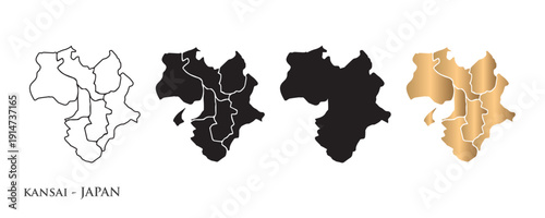 Vector illustration of a Kansai map icon, Japan, in various styles, featuring black and gold colors. Design symbols.