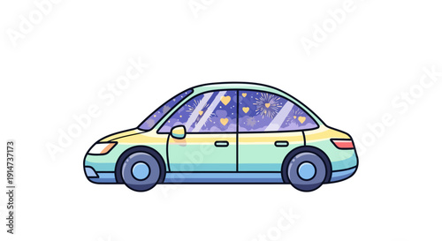 Colorful cartoon sedan car with whimsical heart details isolated on white.