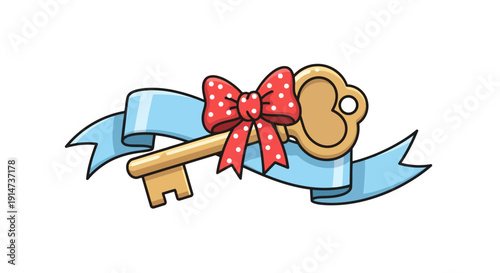 Decorative antique golden key with a red polka dot bow and blue ribbon.