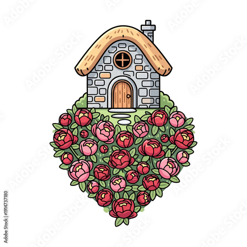 Charming cartoon stone cottage with a thatched roof on a heart of peonies.