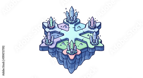 Isometric fantasy floating island shaped like a snowflake with glowing crystals.