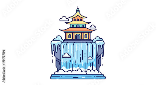 Traditional Asian Pagoda Temple on a Waterfall Cliff Illustration.