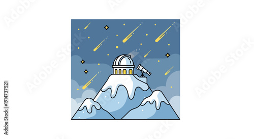 Astronomical observatory with a large telescope on a snowy mountain peak.