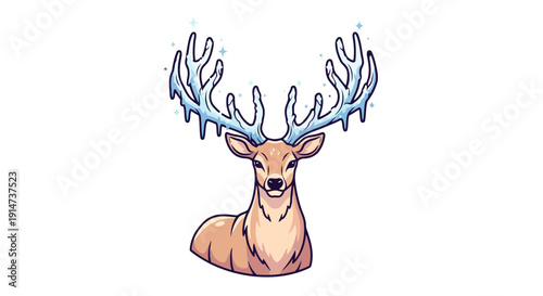 Majestic stag with large frozen ice antlers lying down.