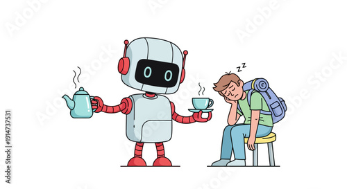 Friendly robot assistant serves a hot beverage to a tired traveler.