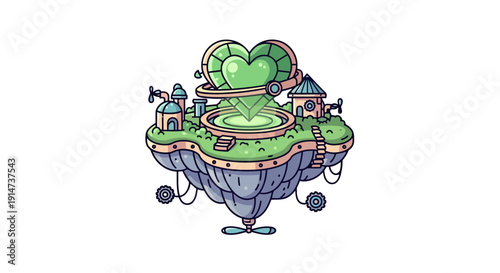 Futuristic floating island with a large green heart-shaped power core.