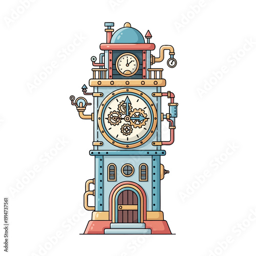 Elaborate steampunk clock tower machine with intricate gears and pipes.