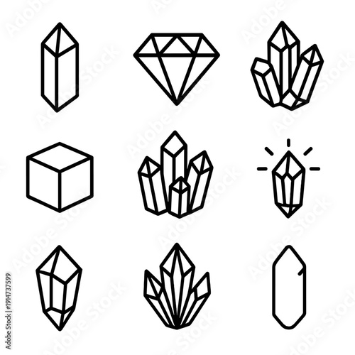 Minimalistic crystal icons set on gradient background with geometric shapes
