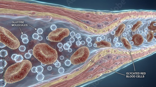 Close up view inside a blood vessel showing red blood cells and glucose molecules