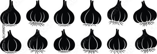 Garlic bulb silhouette set isolated on white background, black vegetable icon collection with detailed roots and cloves