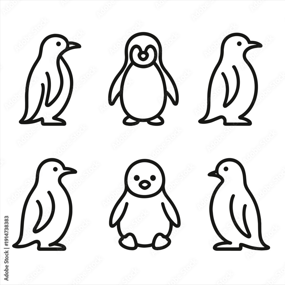Fototapeta premium Cute penguin icons on gray background for winter and arctic themes