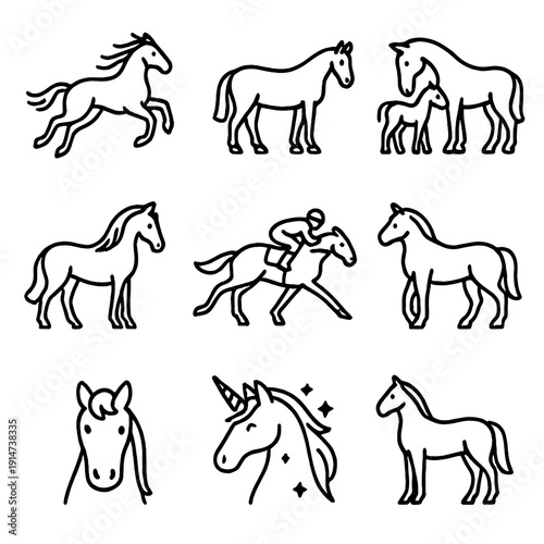 Horse and unicorn line art collection with rider and foal