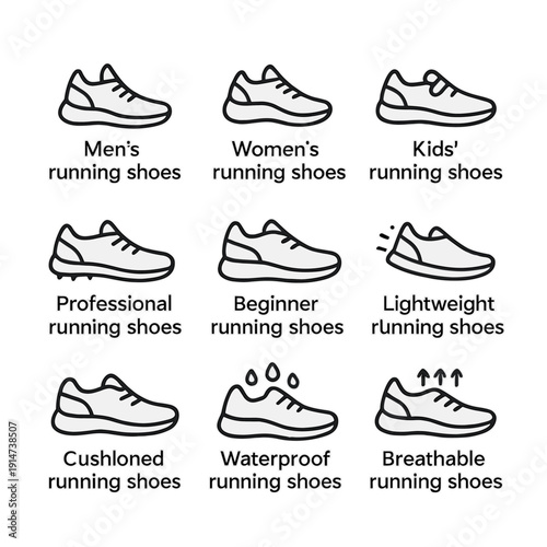 Variety of running shoes: men's, women's, kids', lightweight, waterproof, cushioned