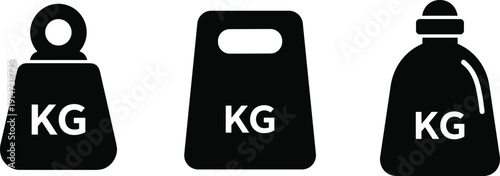 Set of black flat weight icons with KG text for mass measurement, heavy load symbols, and industrial scale equipment vector.