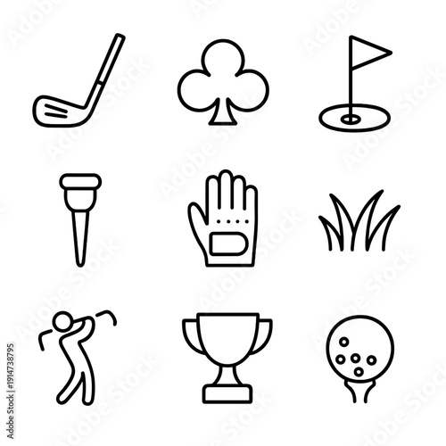 Golf icons set featuring clubs, flags, and trophy on grey background