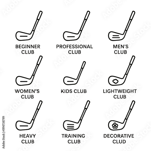Golf club variants: beginner, professional, men, women, kids, lightweight, heavy, training