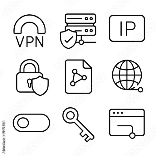 Cybersecurity icons: vpn, ip, lock, key, network, privacy, encryption, data, secure