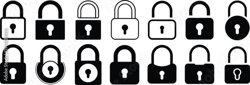 Padlock icon collection with open and closed locks isolated on white background, black flat security vector set