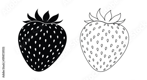 Two strawberries shown in contrasting black and white line art styles