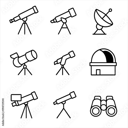 Astronomy equipment icons: telescopes, observatory, binoculars, satellite dish
