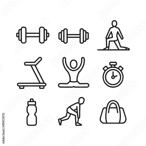 Fitness and gym outline icons set. collection of sports related line symbols for workout and exercise
