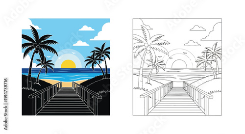 Tropical beach scene with a wooden walkway shown in color and line art