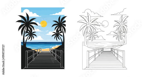 Tropical beach scene with a wooden walkway presented in color and line art