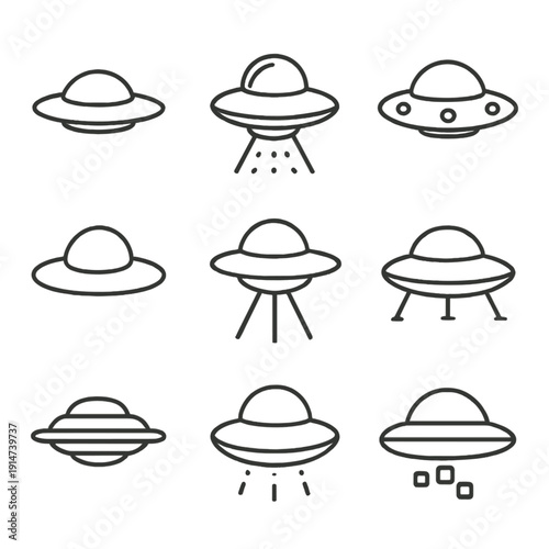 Minimalist ufo icons set with varied designs on gray background
