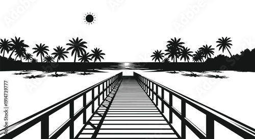 A black and white illustration of a pier extending towards a tropical sunset