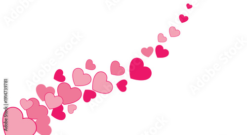 A scattering of pink hearts drifting across a white background