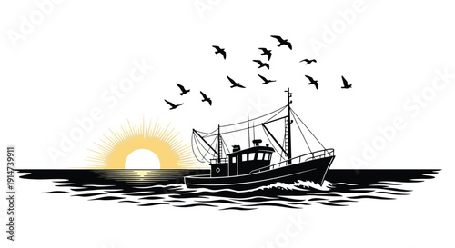 A silhouetted fishing boat sails towards a setting sun with flying birds