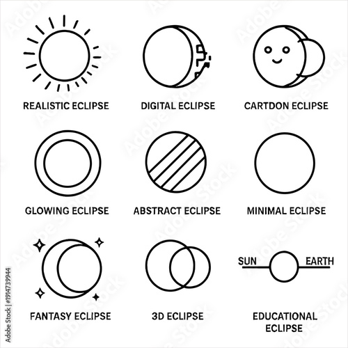 Collection of eclipse icons: realistic, digital, fantasy, abstract, minimal, educational
