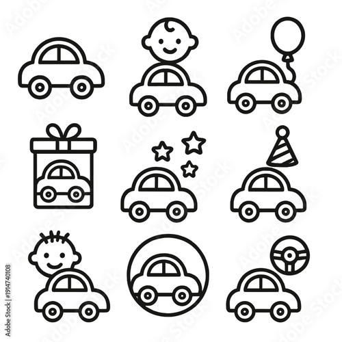 Cute car icons with kids and balloons for playful designs and celebrations