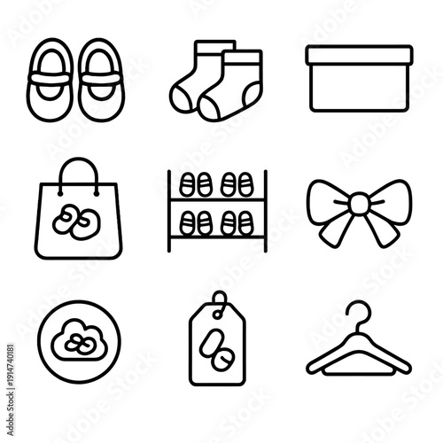 Baby clothing and accessories icons set for shopping and organization