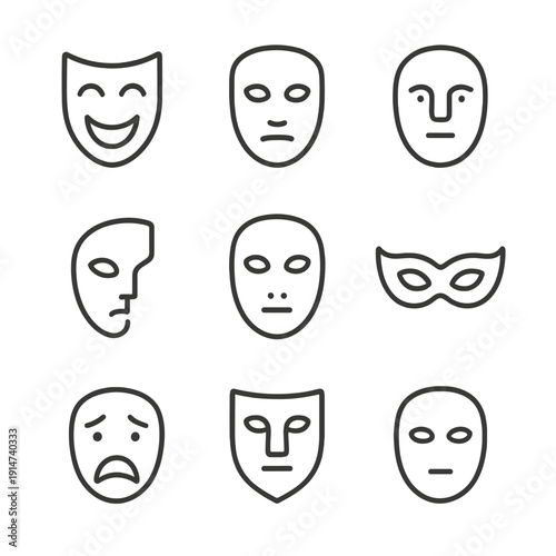 Minimalist theater masks: expressions and emotions in simple line art