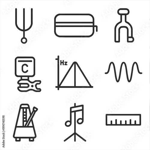Musical instrument line icons: tuning fork, metronome, notes, ruler, wave, decibel