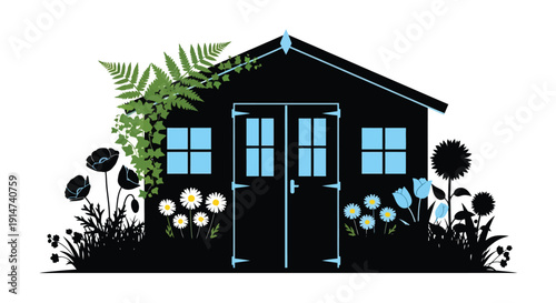 Stylized illustration of a dark house surrounded by lush greenery and flowers