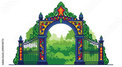 An ornate colorful gate stands open to a lush green garden scene