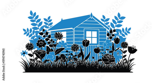 Stylized blue house with black floral and grassy surroundings
