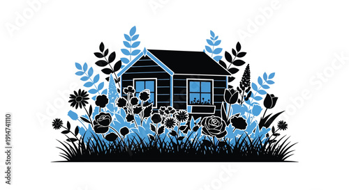 A stylized black house surrounded by vibrant blue floral foliage